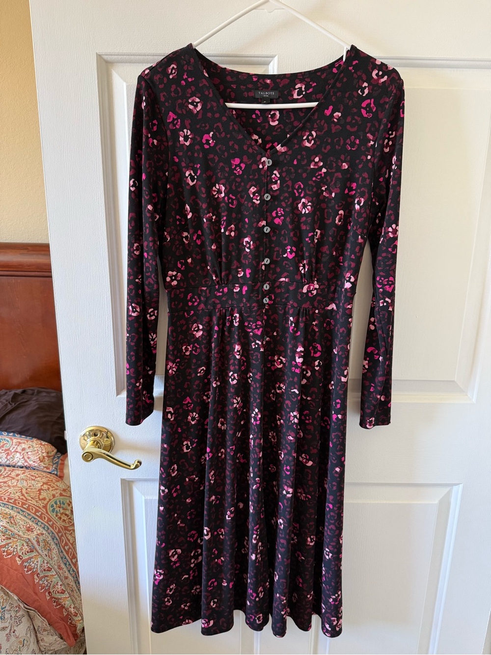 Talbots Black Long-Sleeve Midi Dress with Pink Floral Print